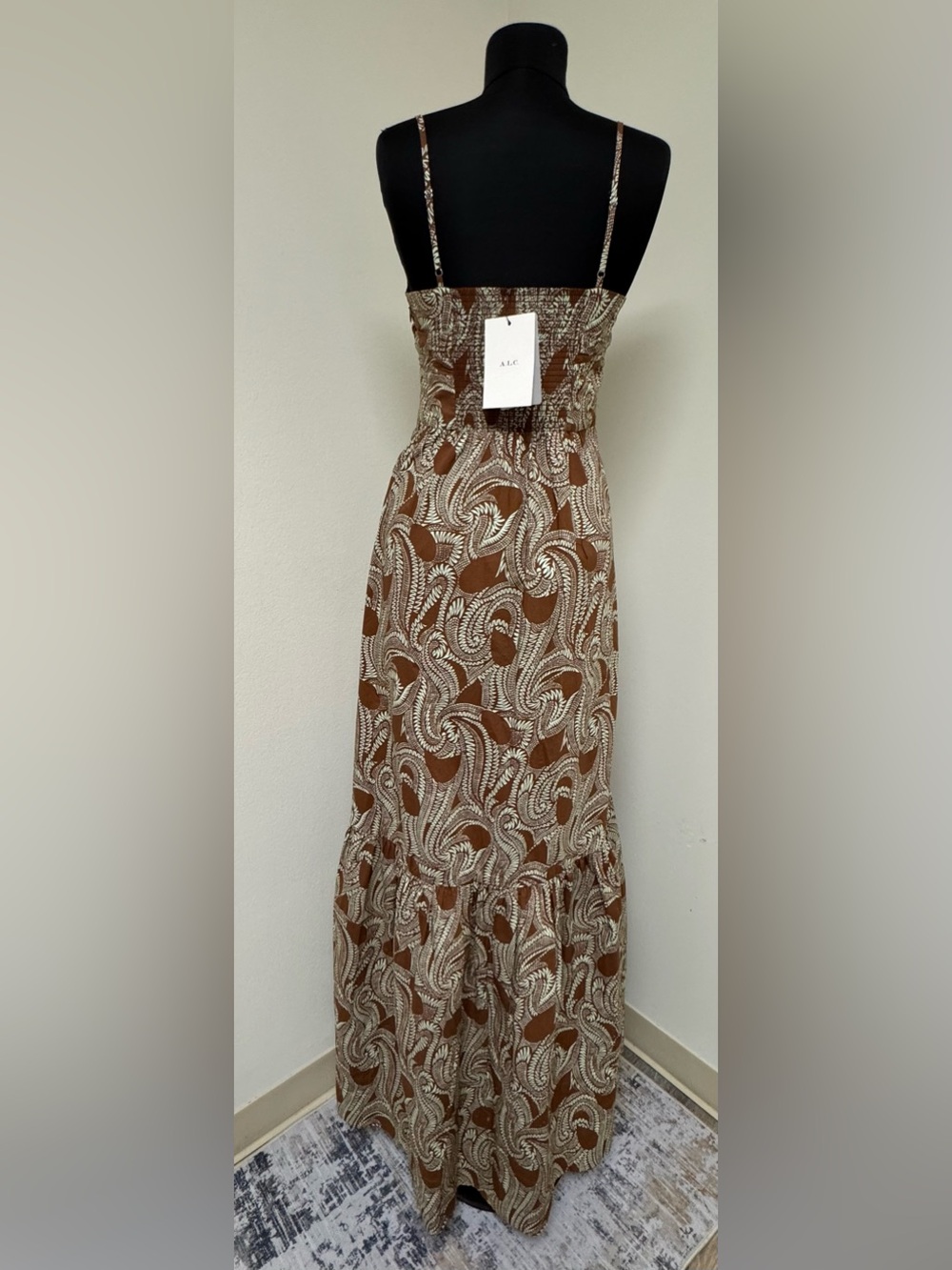 NWT A.L.C. Laura Cotton Poplin Maxi Dress Size 2 Cognac Brown & Green Ash Print - Picture 5 of 14